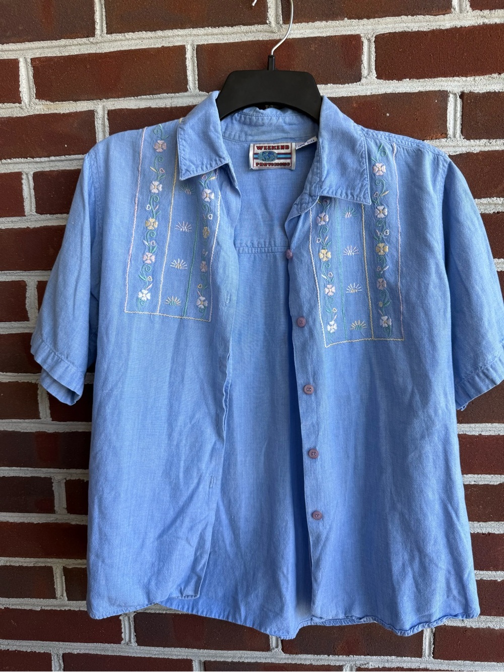 Vintage Cottagecore Weekend Provisions Embroidered Pastel Blue Button Up Shirt